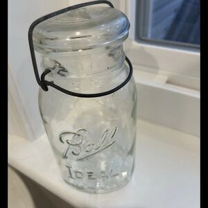 RARE BALL IDEAL WIRE SIDE BALE CLEAR GLASS TOP QUART JAR W/RUBBER SEAL 13